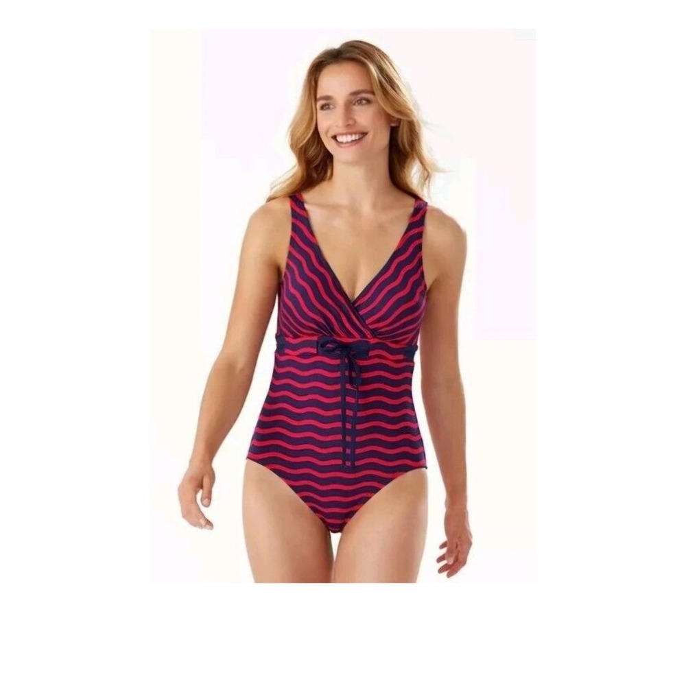 Tommy Bahama Women One‎ Piece Swimsuit Navy Red Stripe V Neck Tie Waist Size 16